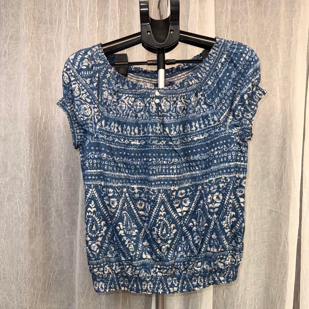 CHAPS Denim Women’s XL Blue White Boho Peasant Smocked Cotton Top